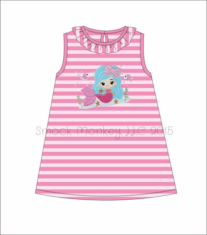 Girl’s applique “MERMAID ” hot pink striped sleeveless dress (2t,12t)