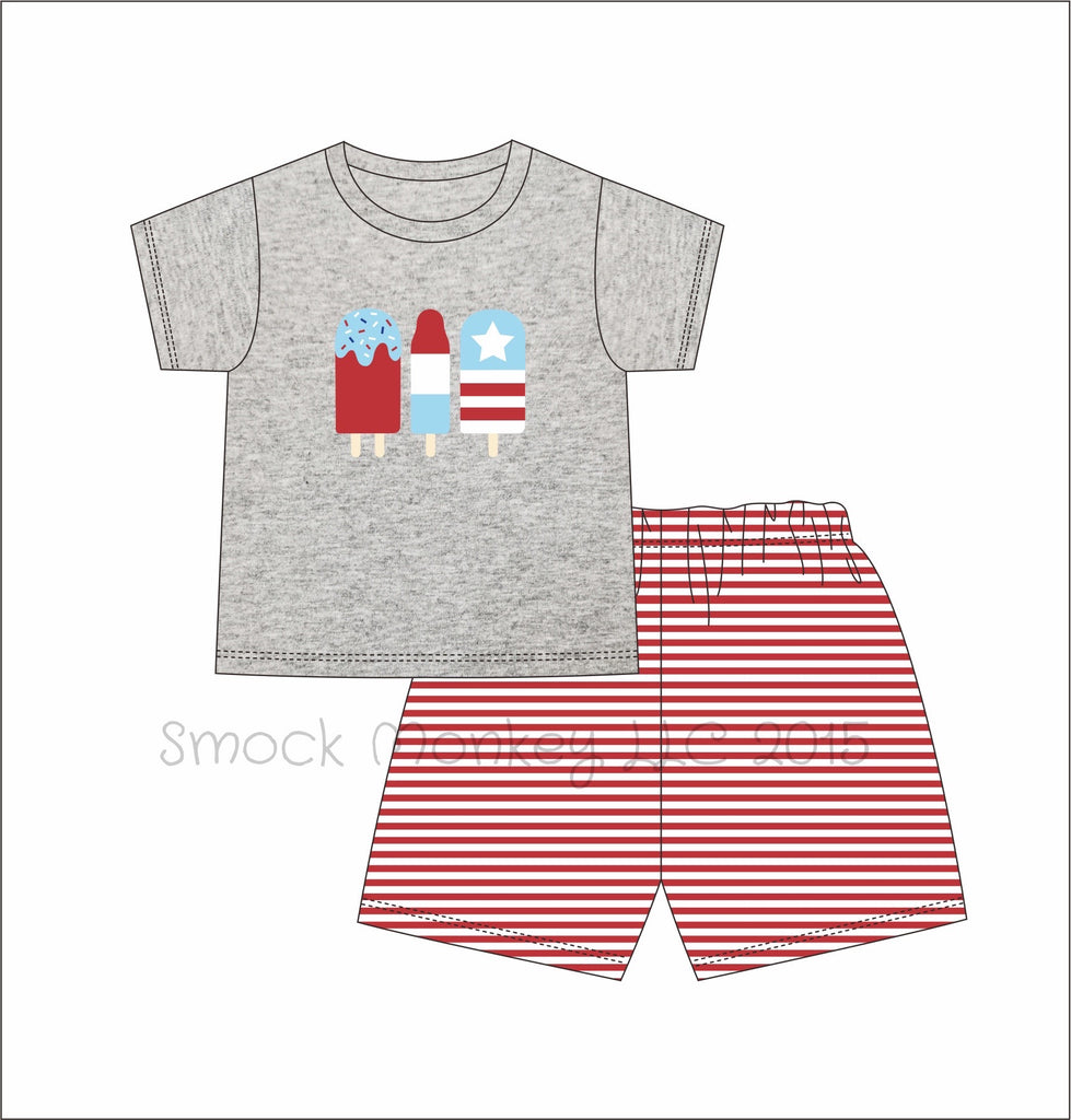 Boy’s applique “PATRIOTIC POPSICLE” gray short sleeve shirt and red striped short set (7t,8t,10t)