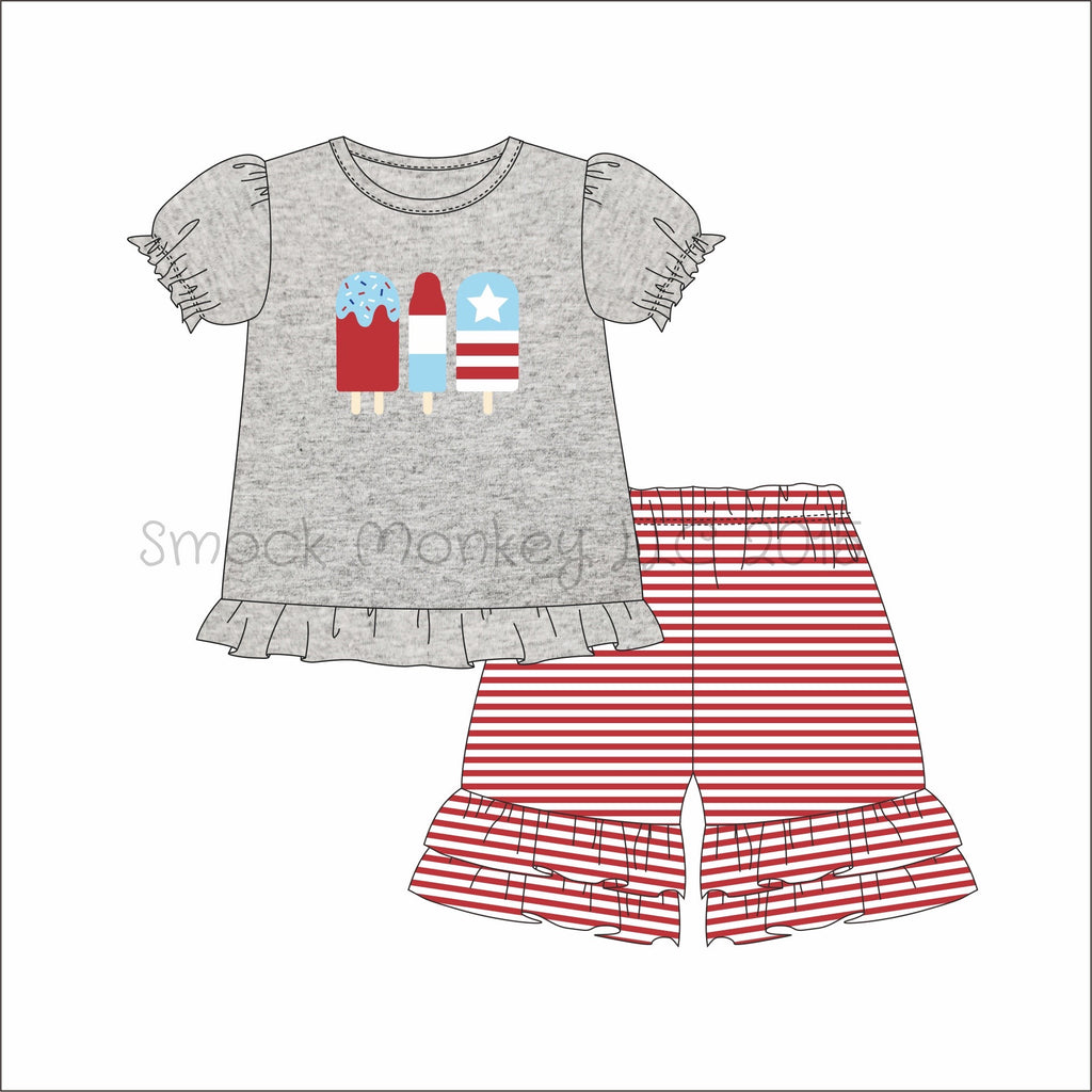 Girl’s applique “PATRIOTIC POPSICLE” gray short sleeve shirt and red striped ruffle short set (18m,24m,3t,6t)