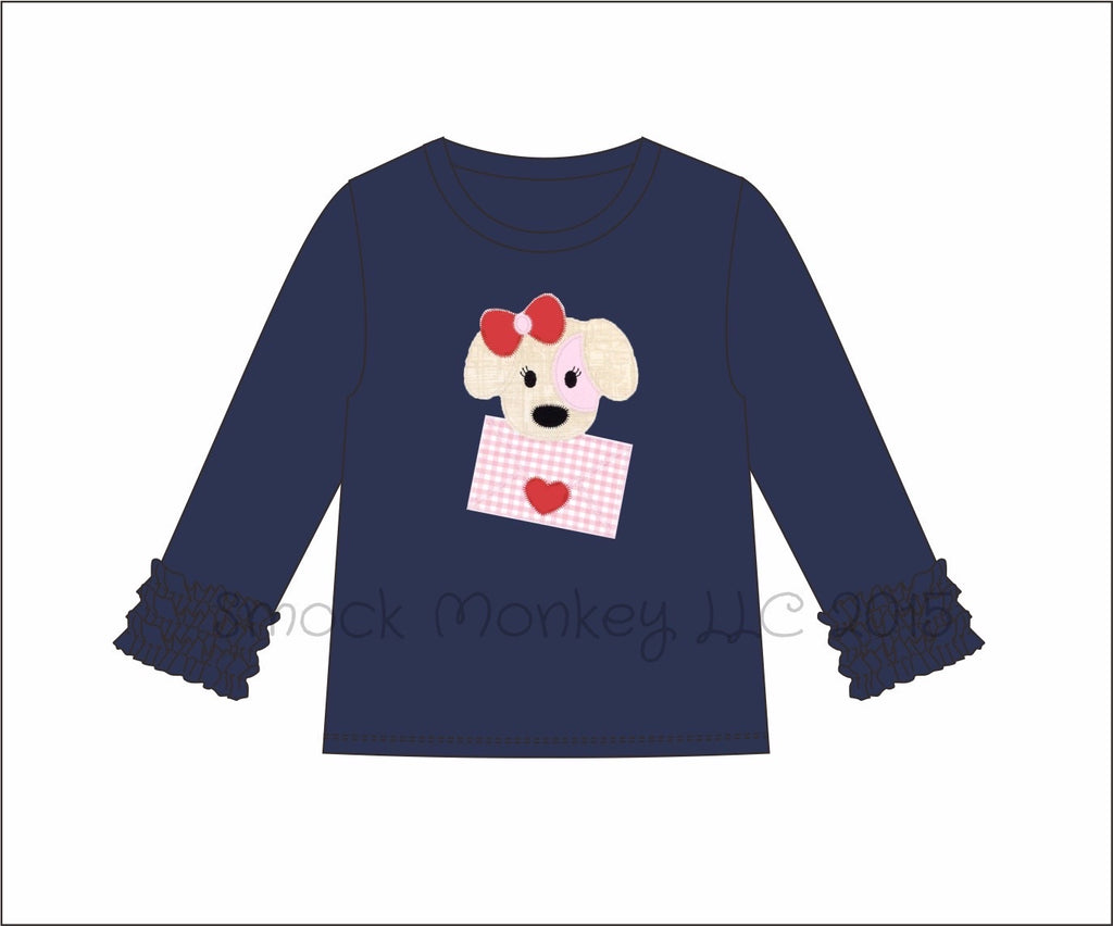 Girl's applique "PUPPY LOVE MAIL" navy long icing sleeve shirt (NB 3m 6m 9m 12m 24m 6t 14t)