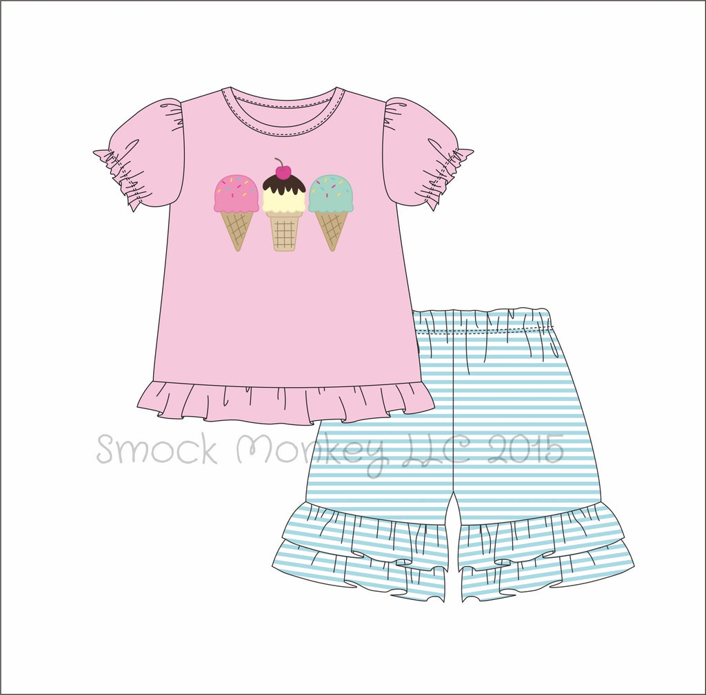 Girl’s applique “ICE CREAM FUN” pink short sleeve shirt and mint striped ruffle short set (12m,24m,2t,12t)