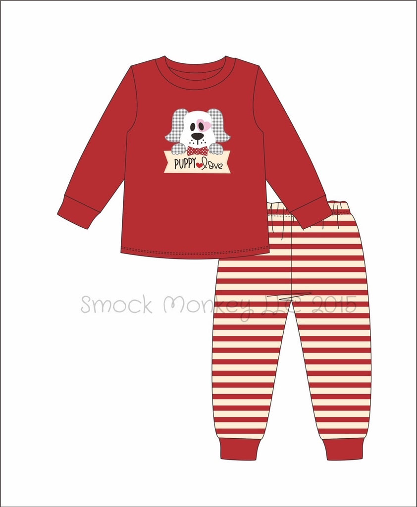 Boy's applique "PUPPY LOVE" red long sleeve and striped set (18m,7t)