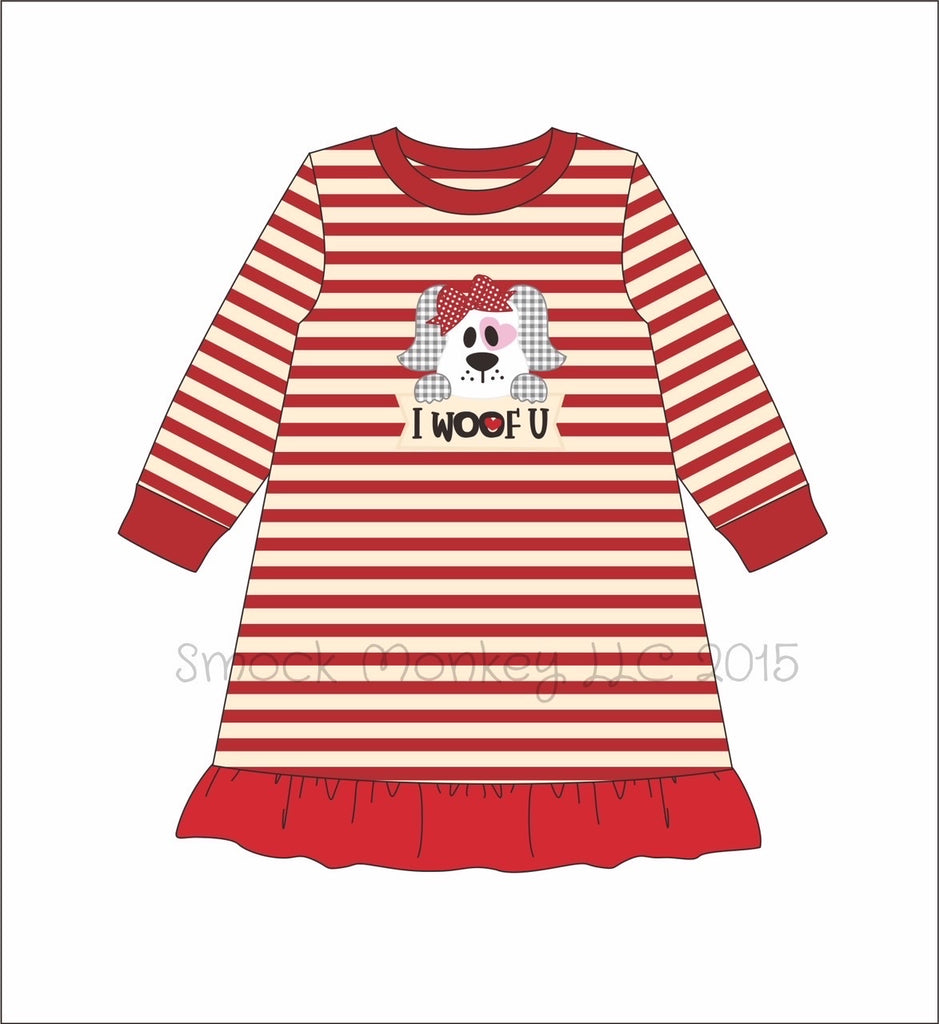 Girl's applique "I WOOF U" red long sleeve striped dress (9m,12m,2t)