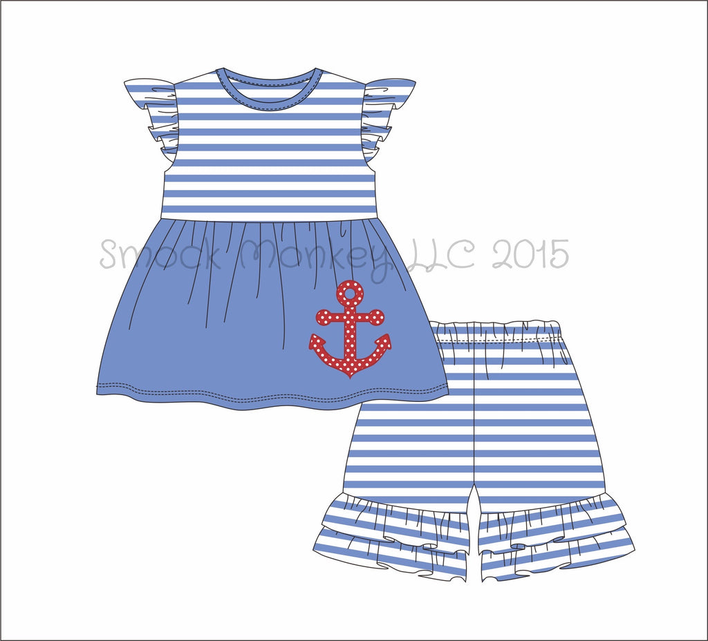 Girl’s applique “ANCHOR” blue angel sleeve swing shirt and striped ruffle short set (12m 18m 2t 8t 10t)