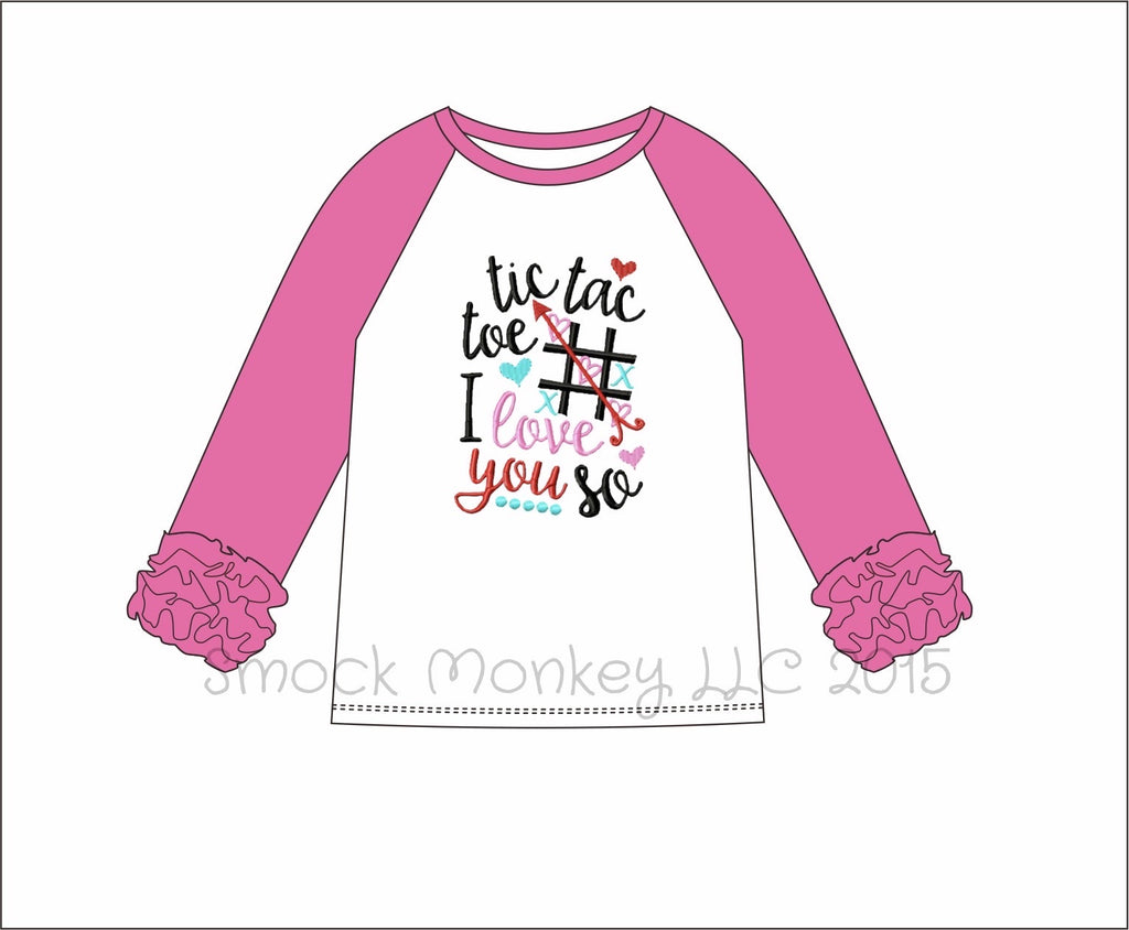 Girl's embroidered "TIC TAC TOE" white long sleeve with hot pink icing baseball shirt (NB 3m 6m 9m 12m 18m 24m 2t 3t 4t 5t 6t)