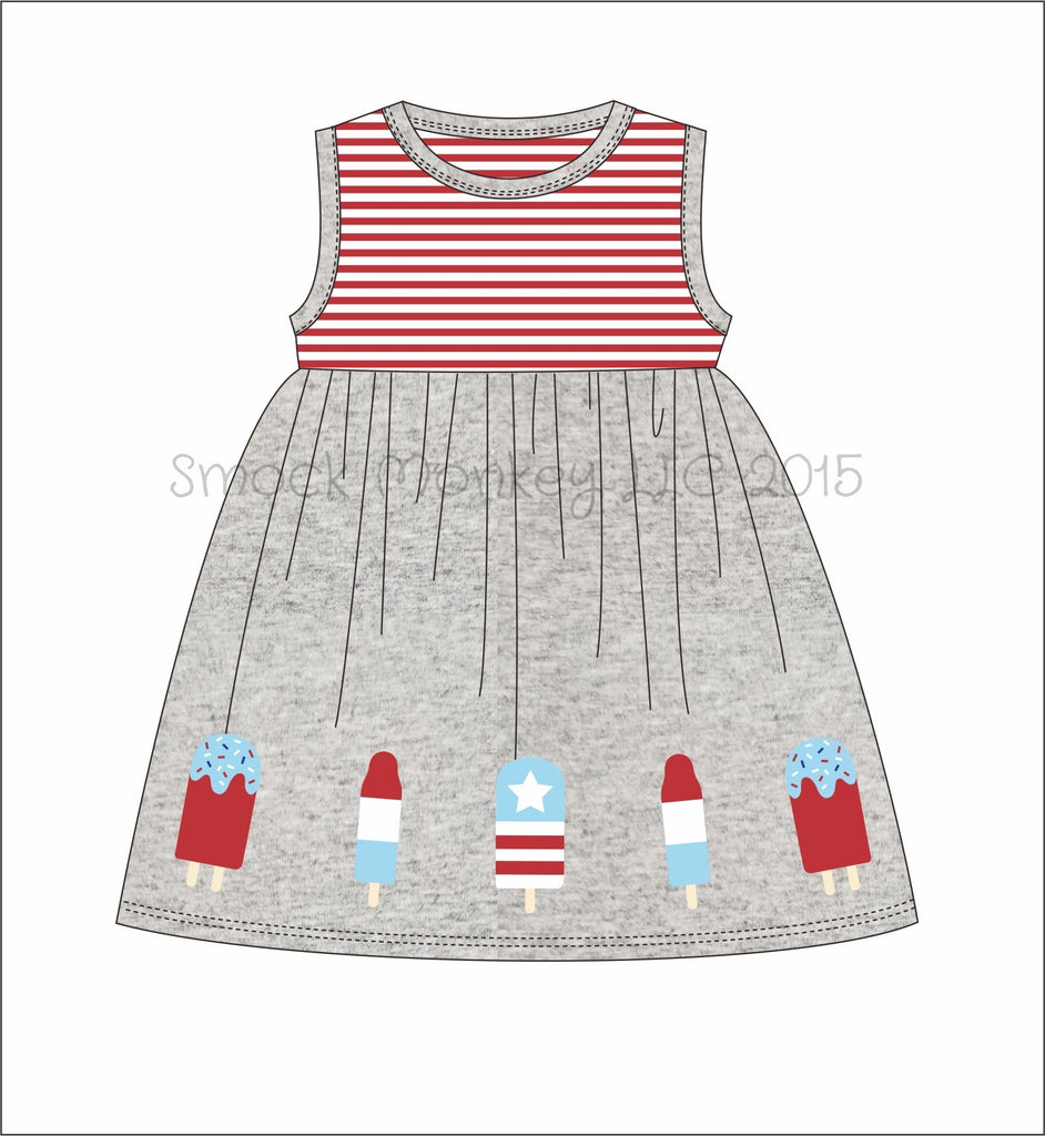 Girl’s applique “PATRIOTIC POPSICLE” gray and red striped sleeveless dress (12m,18m,24m,2t,3t,5t)