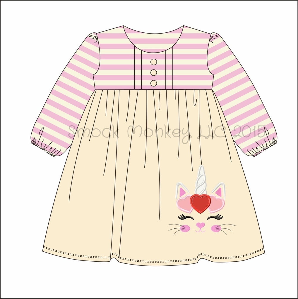Girl's applique "KITTY UNICORN LOVE" cream with pink stripe long sleeve dress (9m 12m 18m 24m 2t 3t 4t 5t 6t 7t 8t 10t 12t)