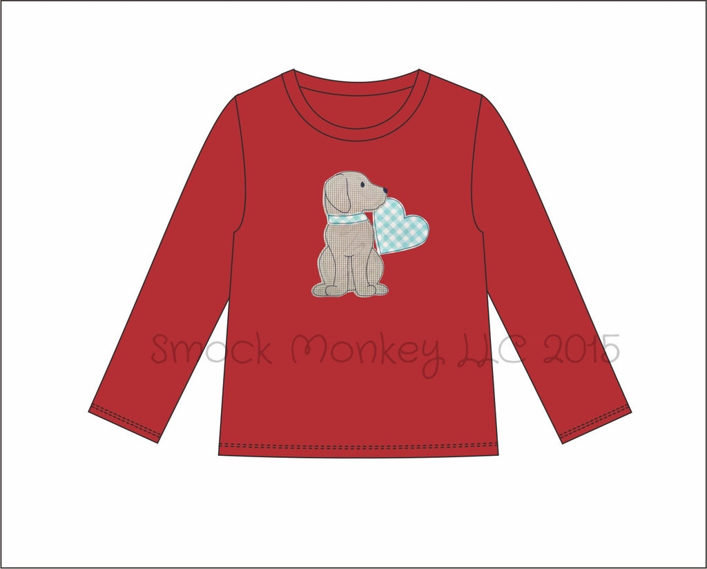 Boy's applique "PUPPY PULLING YOUR HEART" red long sleeve shirt (NB,3m,6m,8m,12m,7t,8t,12t,14t)