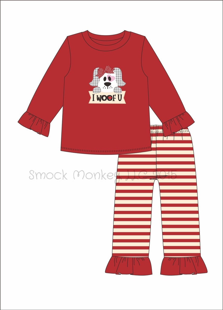 Girl's applique "I WOOF U" red long sleeve ruffle top and striped pant set (12m,2t)