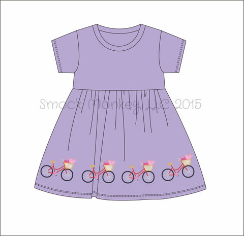 Girl's embroidered "BASKET FULL OF LOVE BICYCLE" lavender short sleeve dress (9m 12m 18m 24m 2t)