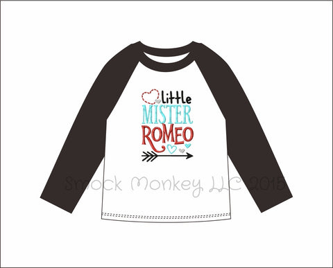 Boy's applique "MISTER ROMEO" white baseball shirt with black sleeves (NB 3m 6m 9m 12m 18m 24m 2t 3t 4t 5t 6t 7t 8t 10t 12t 14t)