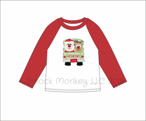 Boy's applique "HOHO SANTA AND RUDY" knit white and red baseball shirt (9m,12m,18m,24m,12t)