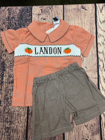 Boys smocked "PERSONALIZED PUMPKIN" orange microgingham Peter Pan collar shirt with brown microgingham cotton shorts "LANDON" (5t)