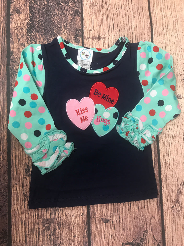 Girl's applique "CANDY HEARTS" navy and polka dots long sleeve knit icing baseball shirt (12m,18m,24m,2t)