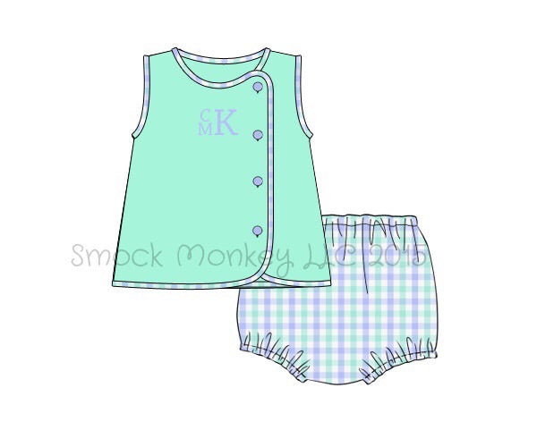 Boy's sleeveless mint top and mint and blue gingham diaper cover set (NO MONOGRAM) (4t)