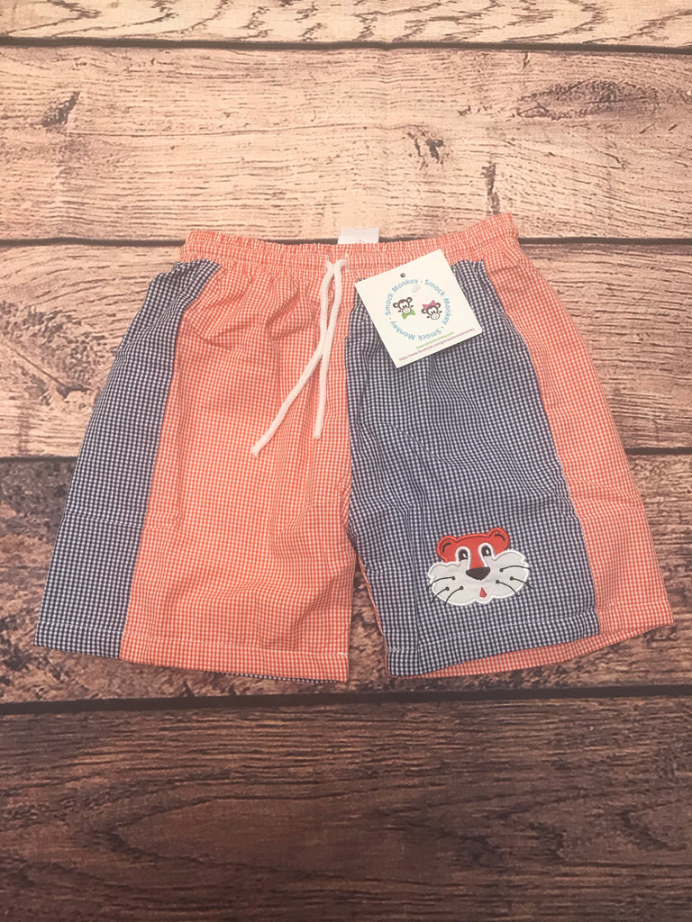 Boys applique "TIGER" orange and navy microgingham swim trunks (3m,6m,12m,18m,24m,2t,6t,7t)