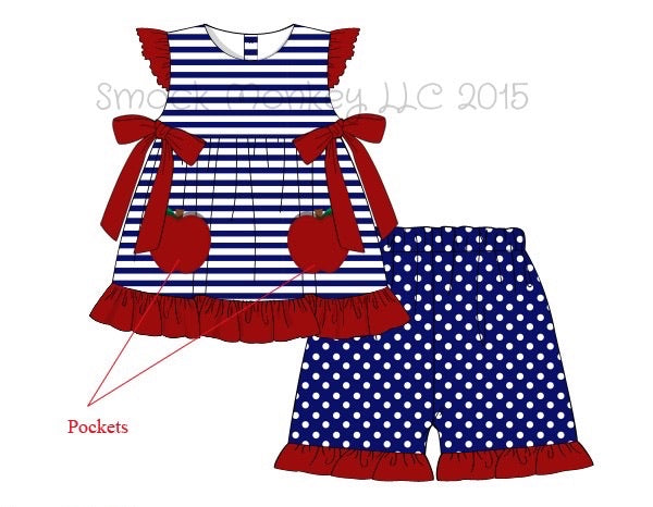 Girl's applique "APPLE POCKETS” royal striped angel wing side bow ruffle top and polka dot short set (2t)