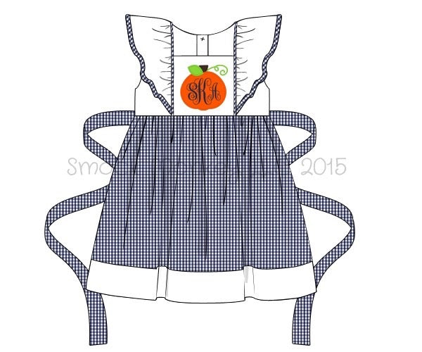 Girl's applique "PUMPKIN" angel wing navy microgingham apron dress (NO MONOGRAM) (5t,8t)