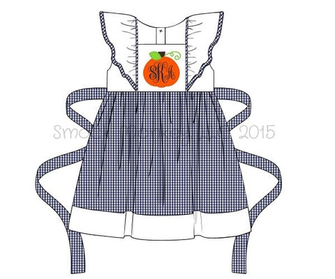 Girl's applique "PUMPKIN" angel wing navy microgingham apron dress (NO MONOGRAM) (8t)
