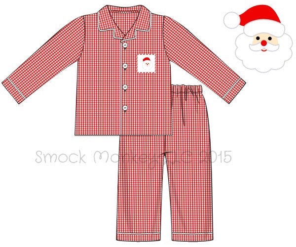 Boy's smocked "SANTA" red microgingham two piece button top set (9m,24m,10t)