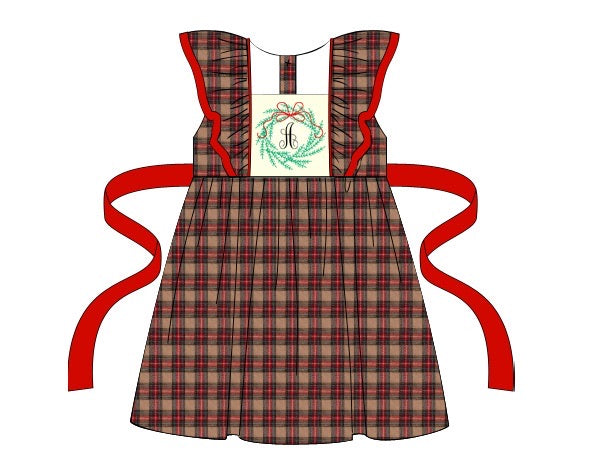 Girl's embroidered "WREATH" plaid apron style red tie back dress (NO MONOGRAM) (5t,6t)