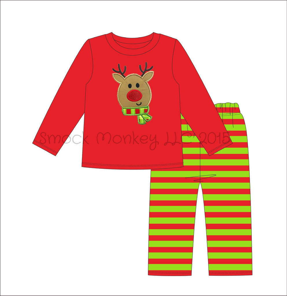 Boy's applique "RUDY REINDEER" red knit long sleeve shirt and red and lime green striped knit pants (NB)