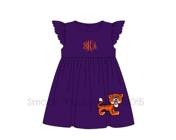 Girl's applique "ROARING TIGER" purple knit angel wing dress (NO MONOGRAM) (10t)
