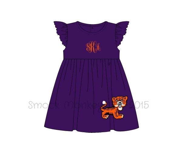 Girl's applique "ROARING TIGER" purple knit angel wing dress (NO MONOGRAM) (3t,10t)
