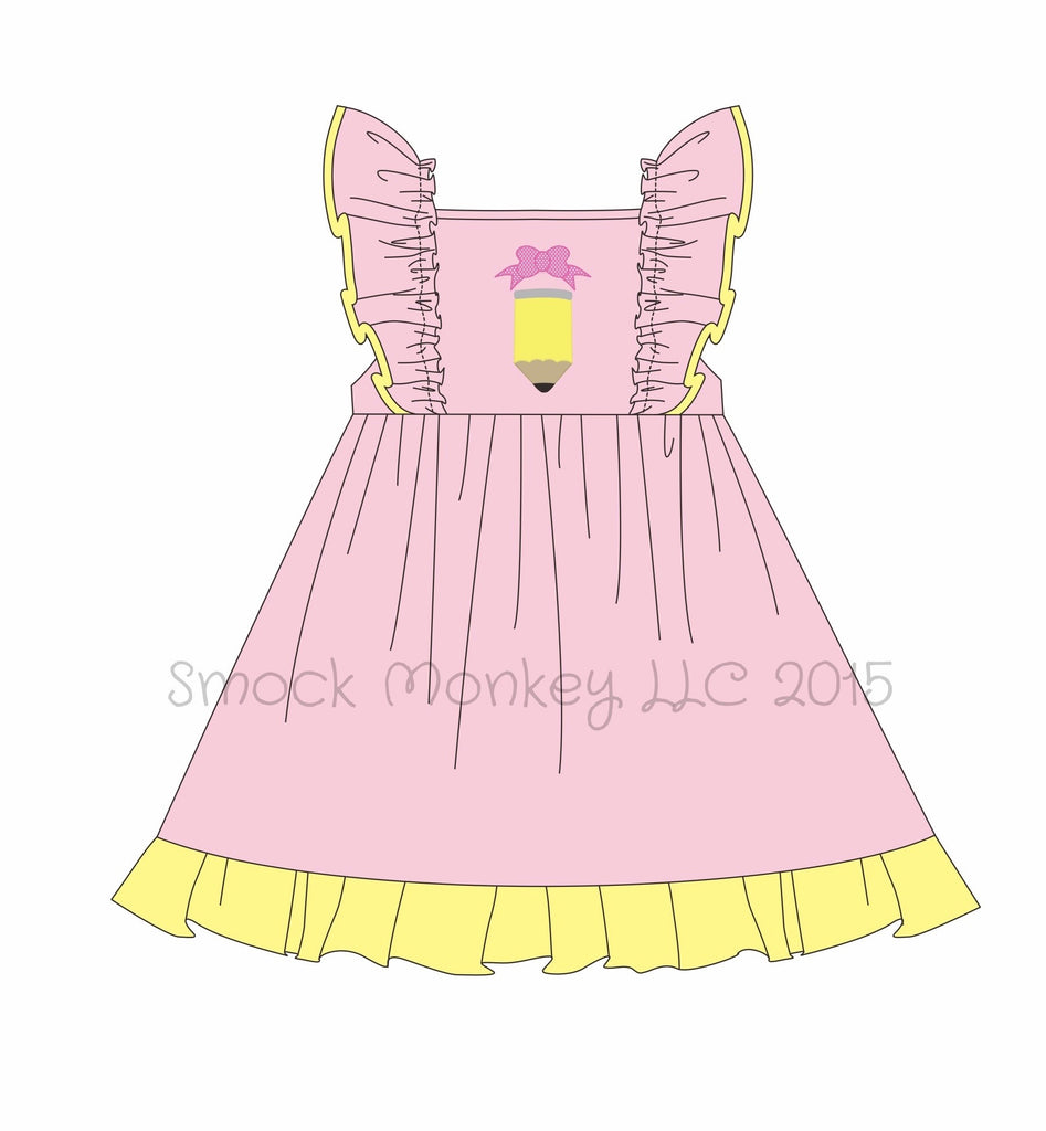 Girl's applique "PENCIL" pink and yellow knit apron dress (3t,4t,5t,7t)