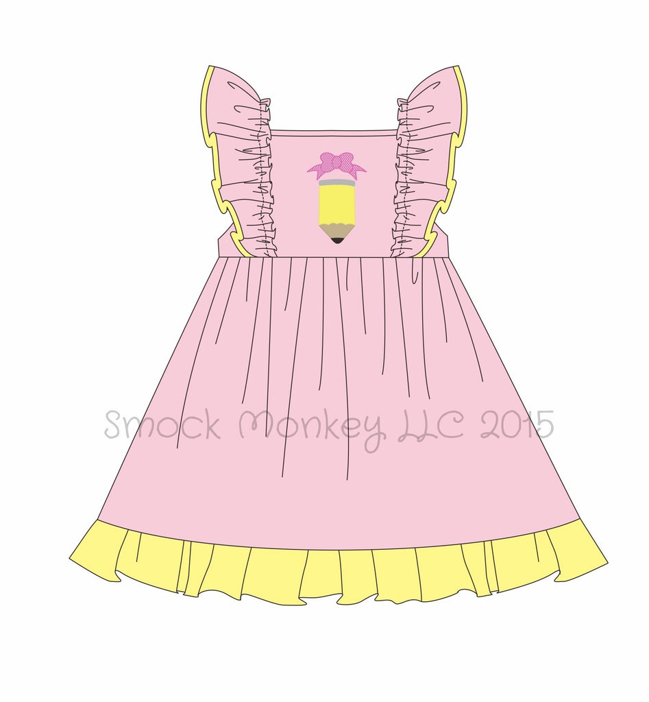 Girl's applique "PENCIL" pink and yellow knit apron dress (3t,4t,5t,7t)