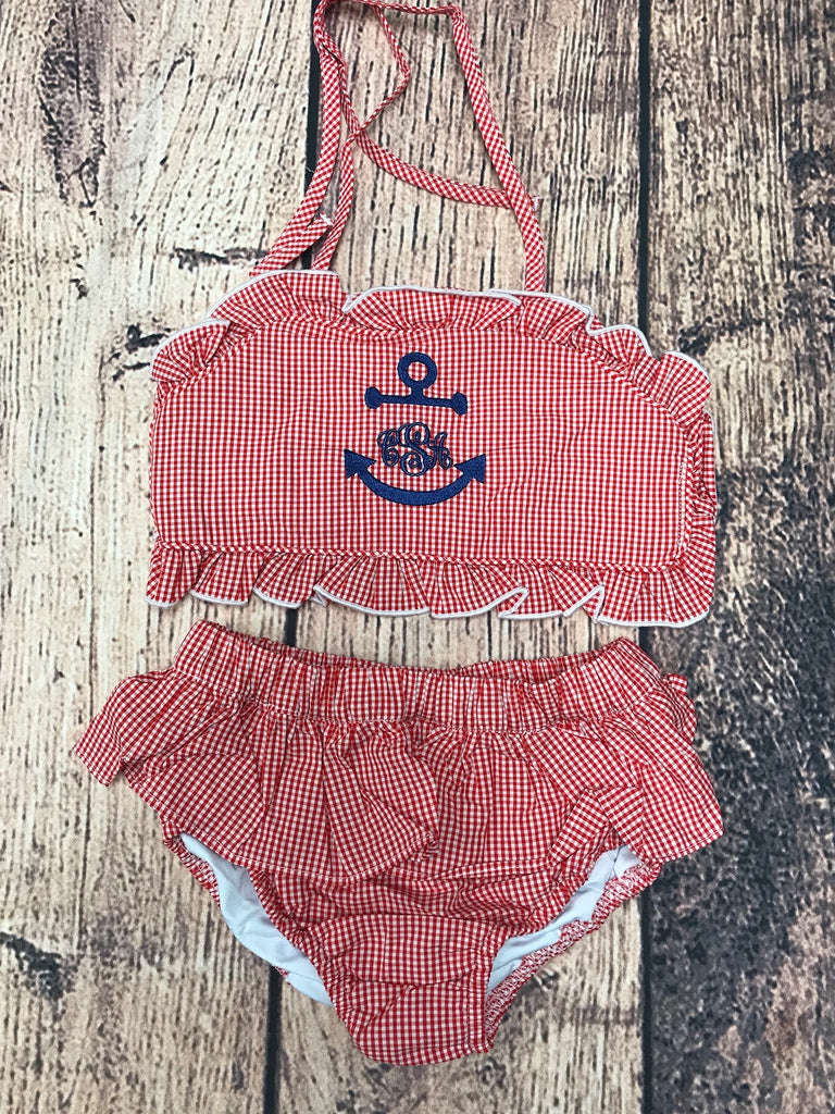 Girl's red gingham two piece swim suit "CSA” (3t)