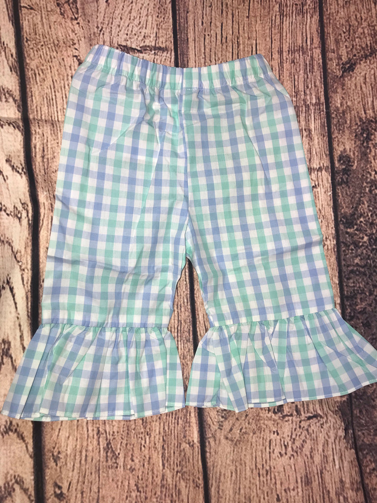 Girls “MINT/BLUE” plaid ruffle capri pants (12m,2t,8t,10t)