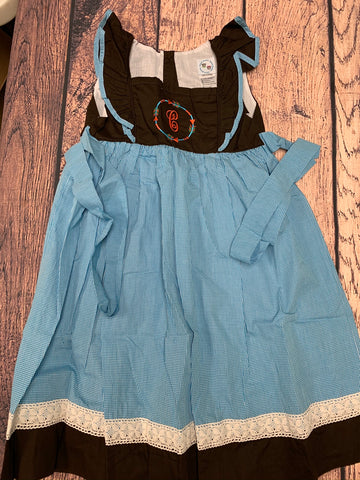 Girl's "ARROW" angel wing sleeve blue microgingham apron dress "C" (12t)