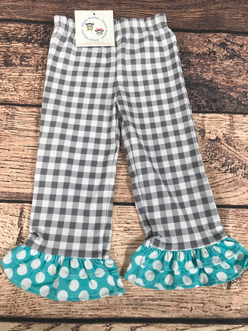 Girls gray gingham knit pants with aqua polka dot ruffle (NB,3m,12m,18m,24m,2t,3t,4t,5t,6t,7t,8t,10t)