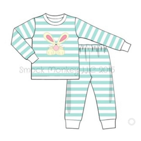 Boy's applique "BUNNY" mint striped knit long sleeve with striped set (18m)