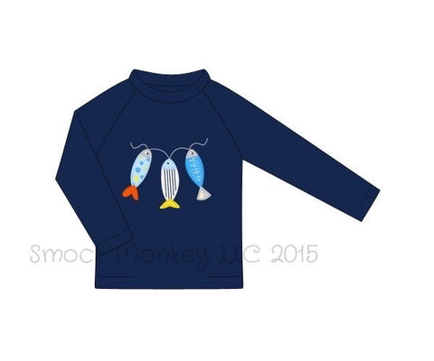 Boy's applique "FISH" navy long sleeve rash guard (NB)