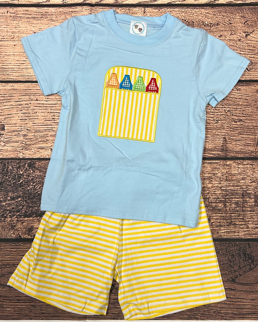 Boy’s applique “CRAYON BOX” blue short sleeve shirt and yellow striped knit short set (6t 7t 8t 10t)