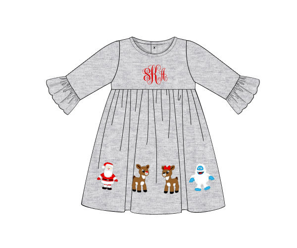 Girl's applique "RUDOLPH and FRIENDS" gray 3/4 sleeve swing dress (NO MONOGRAM) (12m)