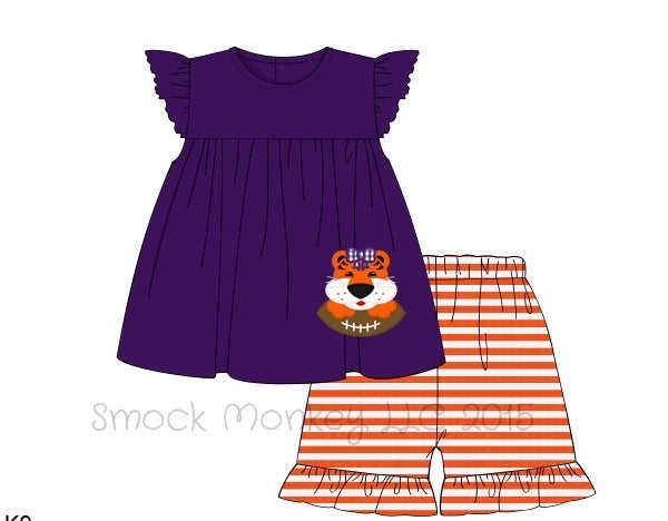 Girl's applique "TIGER" purple knit angel wing swing top and orange striped knit ruffle shorts (12m,2t)