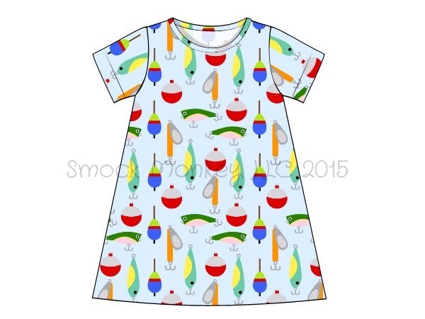 Girl's "FISHING LURES" print short sleeve knit swing dress (2t,3t,4t,5t,6t,8t,10t)