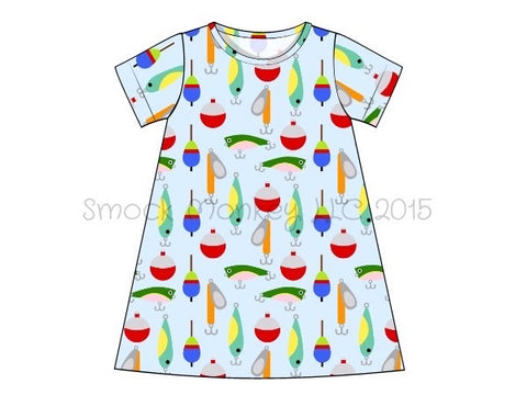 Girl's "FISHING LURES" print short sleeve knit swing dress (2t,3t,4t,5t,6t,8t,10t)