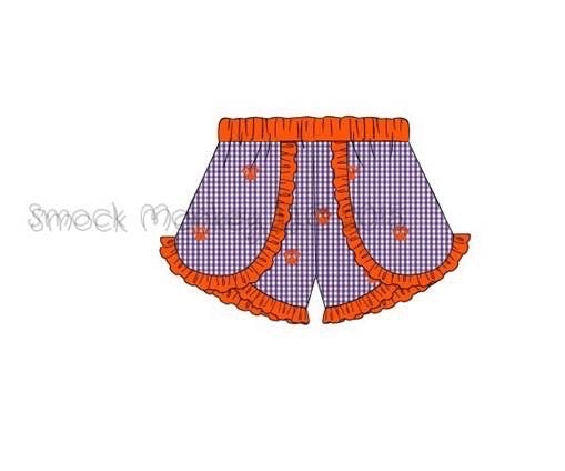 Girl's embroidered "PAWS" purple microgingham ruffle shorts (12m)