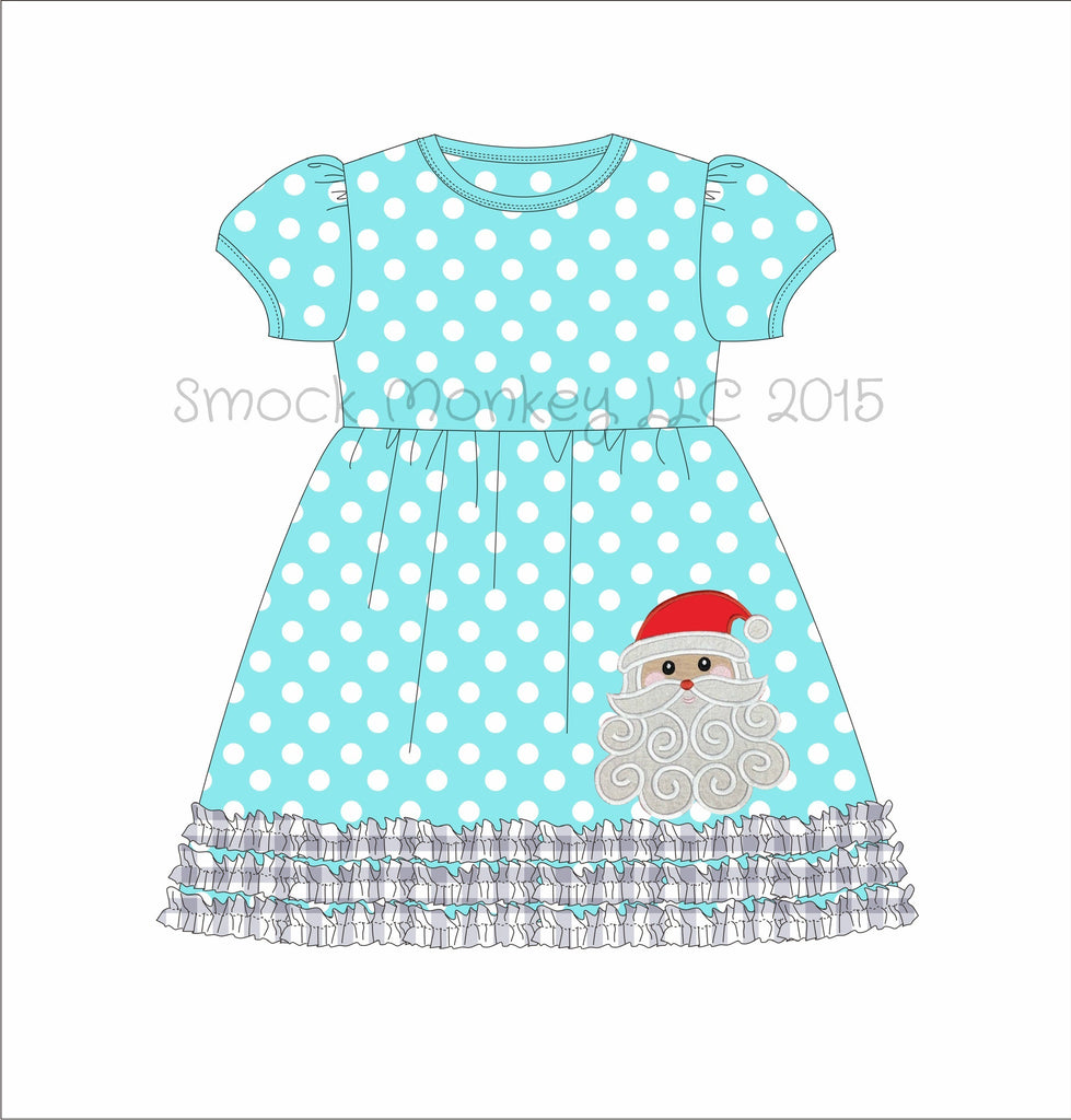 Girl's applique "SANTA" aqua polka dot short sleeve swing dress with gingham fringe (12m)