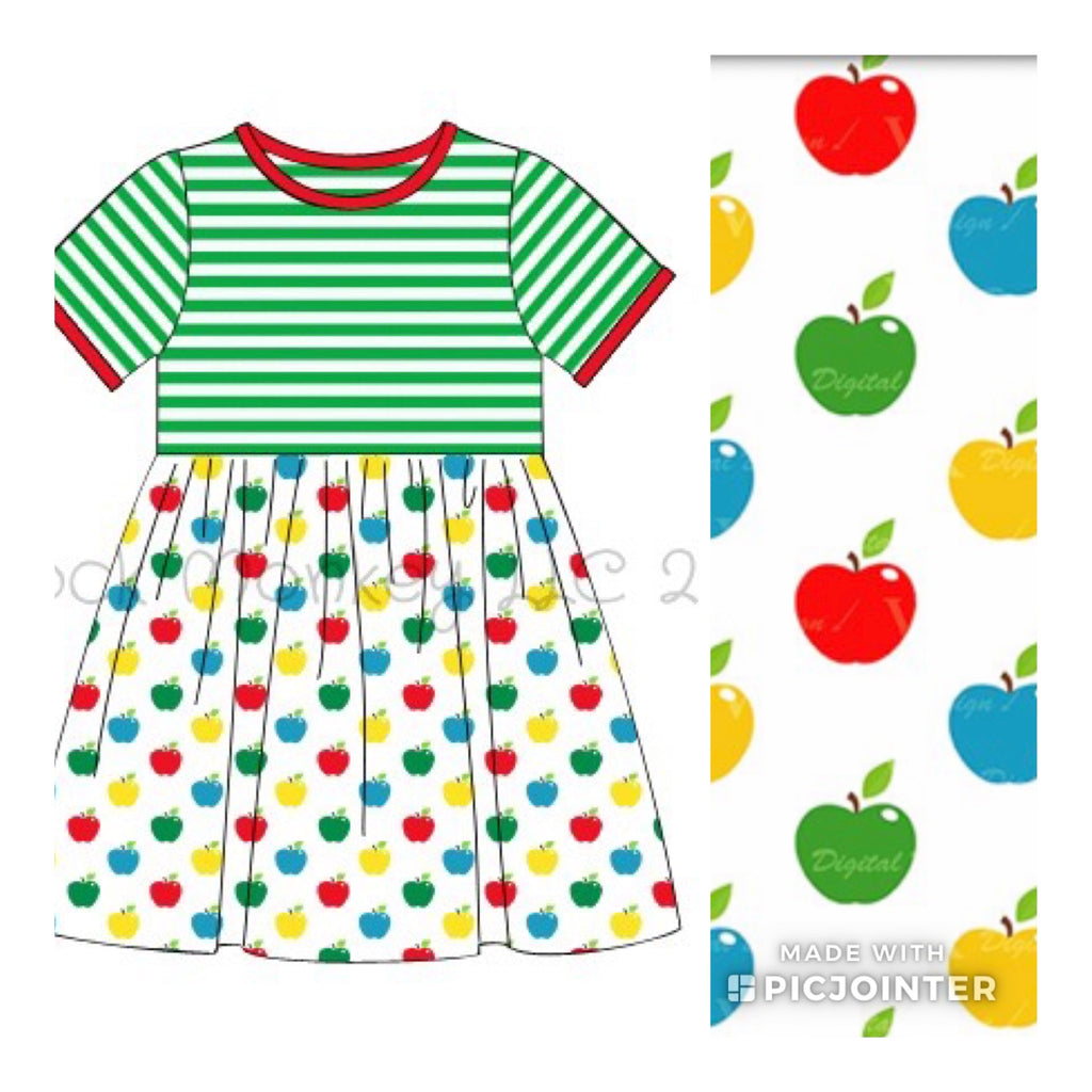 Girl's "APPLES PRINT" and green striped knit swing dress (2t,3t)