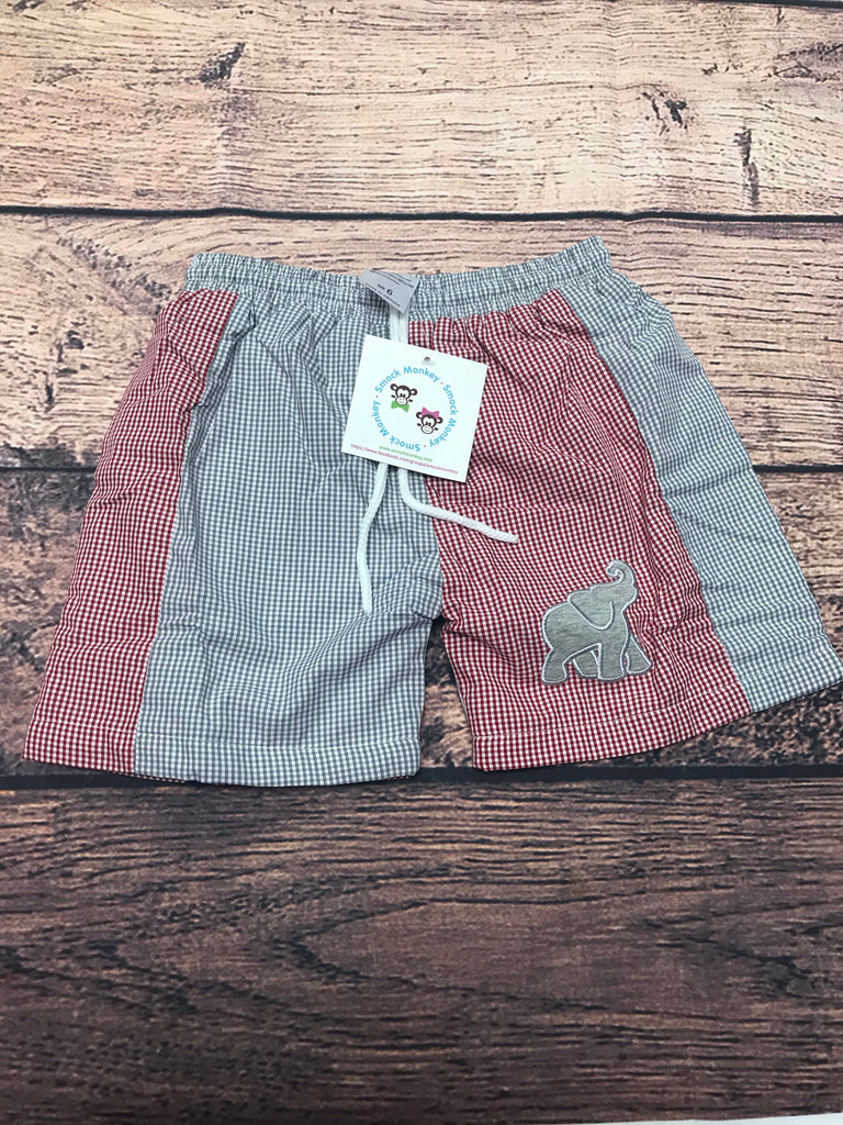 Boys applique "ELEPHANT" garnet and gray microgingham swim trunks (18m,24m,6t,7t,8t,10t)