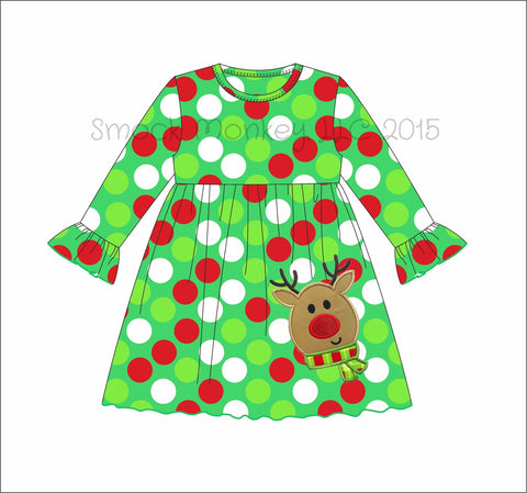 Girl's applique "RUDY REINDEER" Christmas polka dot long sleeve swing dress (2t)
