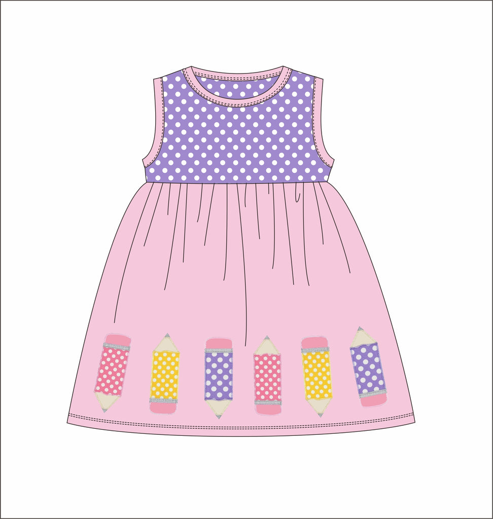 Girl's applique "POLKA DOT PENCILS" knit lavender polka dot with pink sleeveless swing dress (8t,14t)