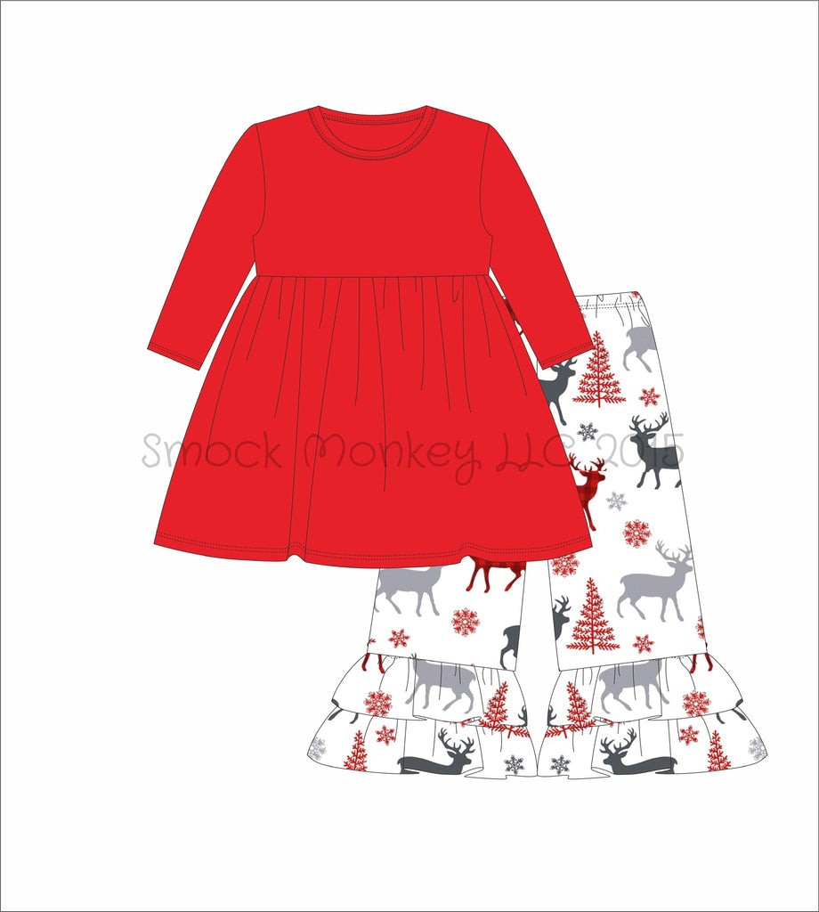 Girl's red knit long sleeve swing top and "CHRISTMAS DEER" print knit ruffle pants (9m,12m,18m,24m)