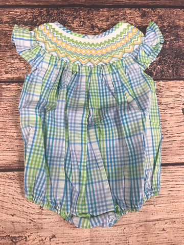 Girl's smocked "GEOMETRIC DESIGN" blue/lime plaid angel wing bubble (6m)