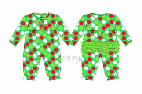 Girl's applique "RUDY REINDEER" Christmas polka dot long sleeve ruffle bum* romper (NB)